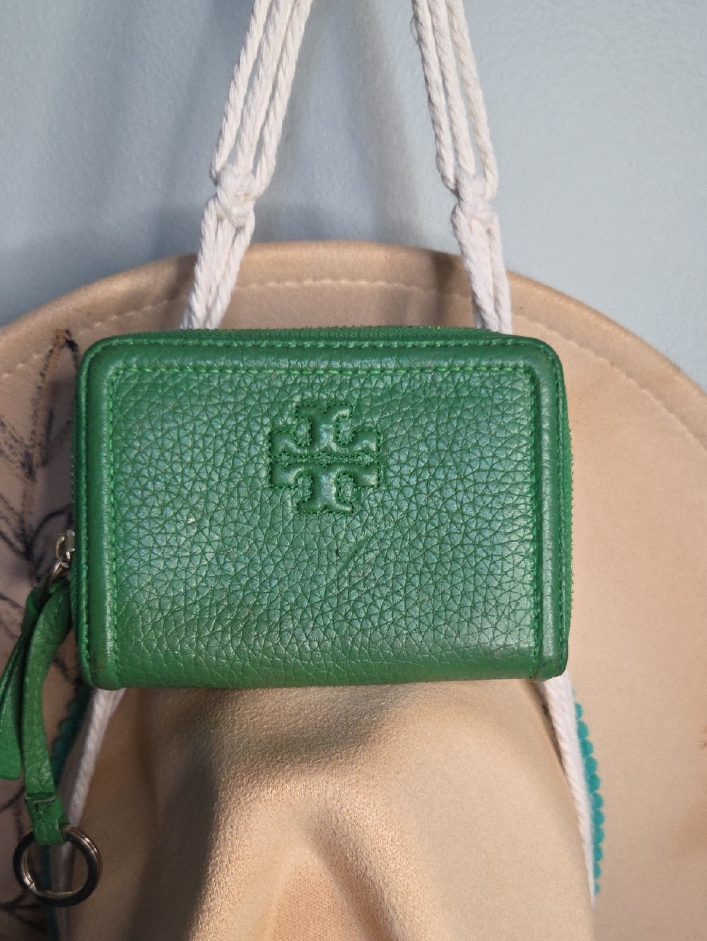 Tory Burch Emerald Green Pebbled Leather Zip Card Wallet